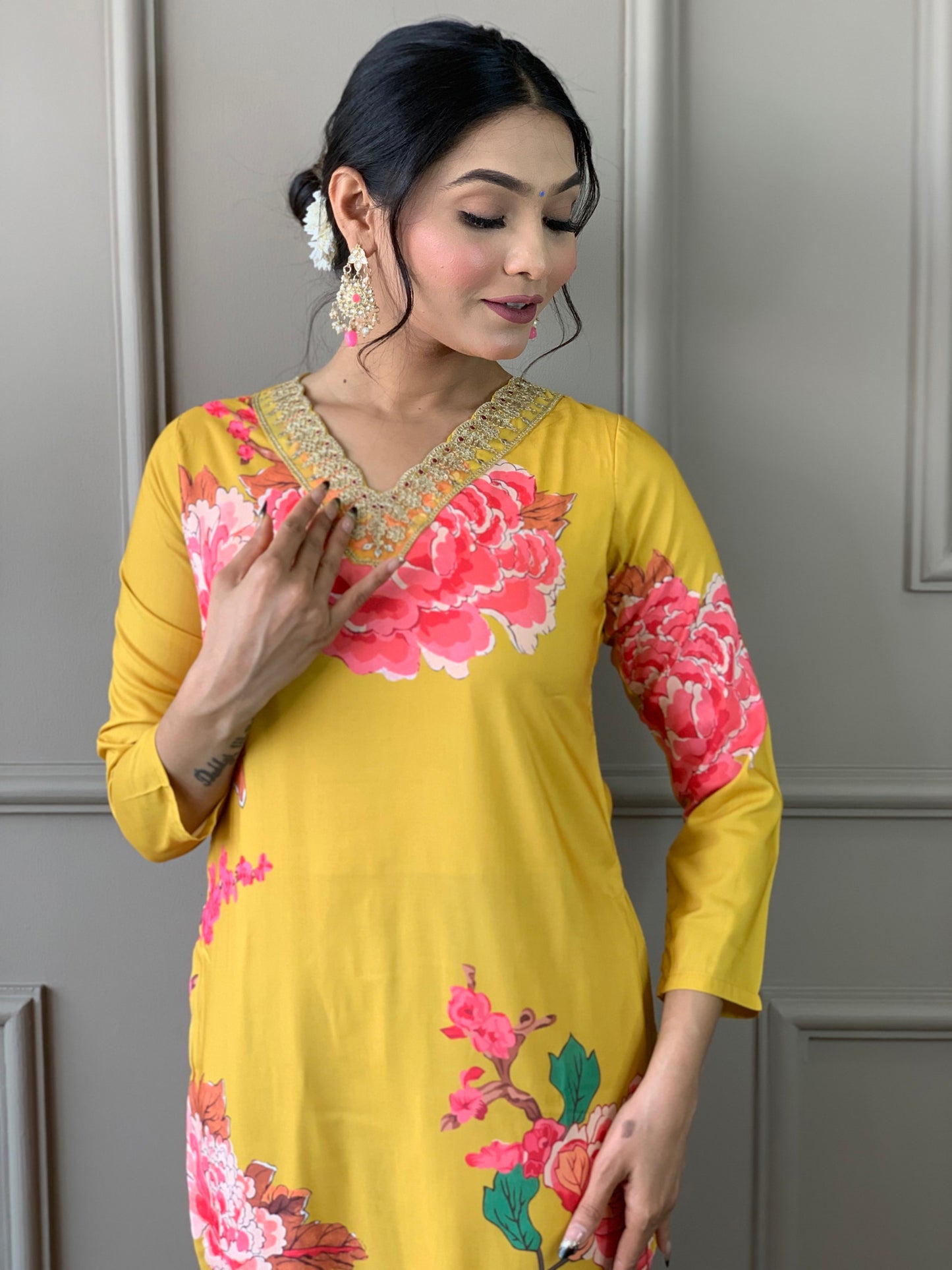 Designer Floral Kurta Set with Bottom and Dupatta