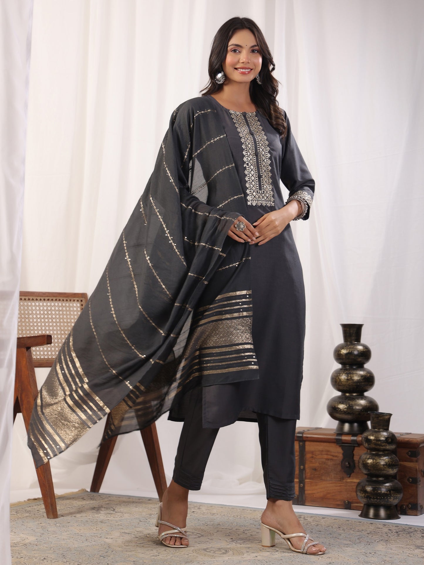 Grey Embordered A Line Kurta Set With Dupatta