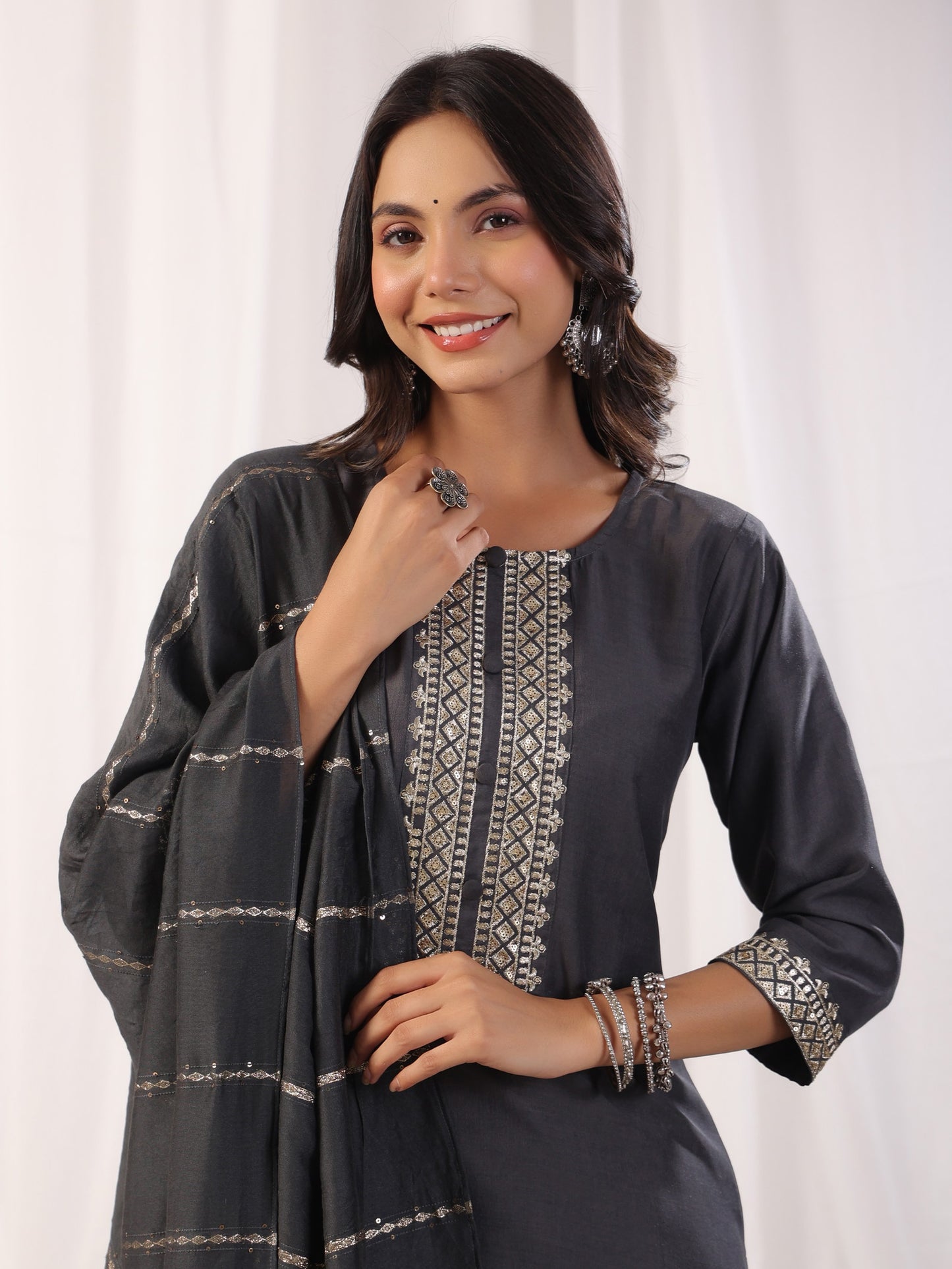 Grey Embordered A Line Kurta Set With Dupatta