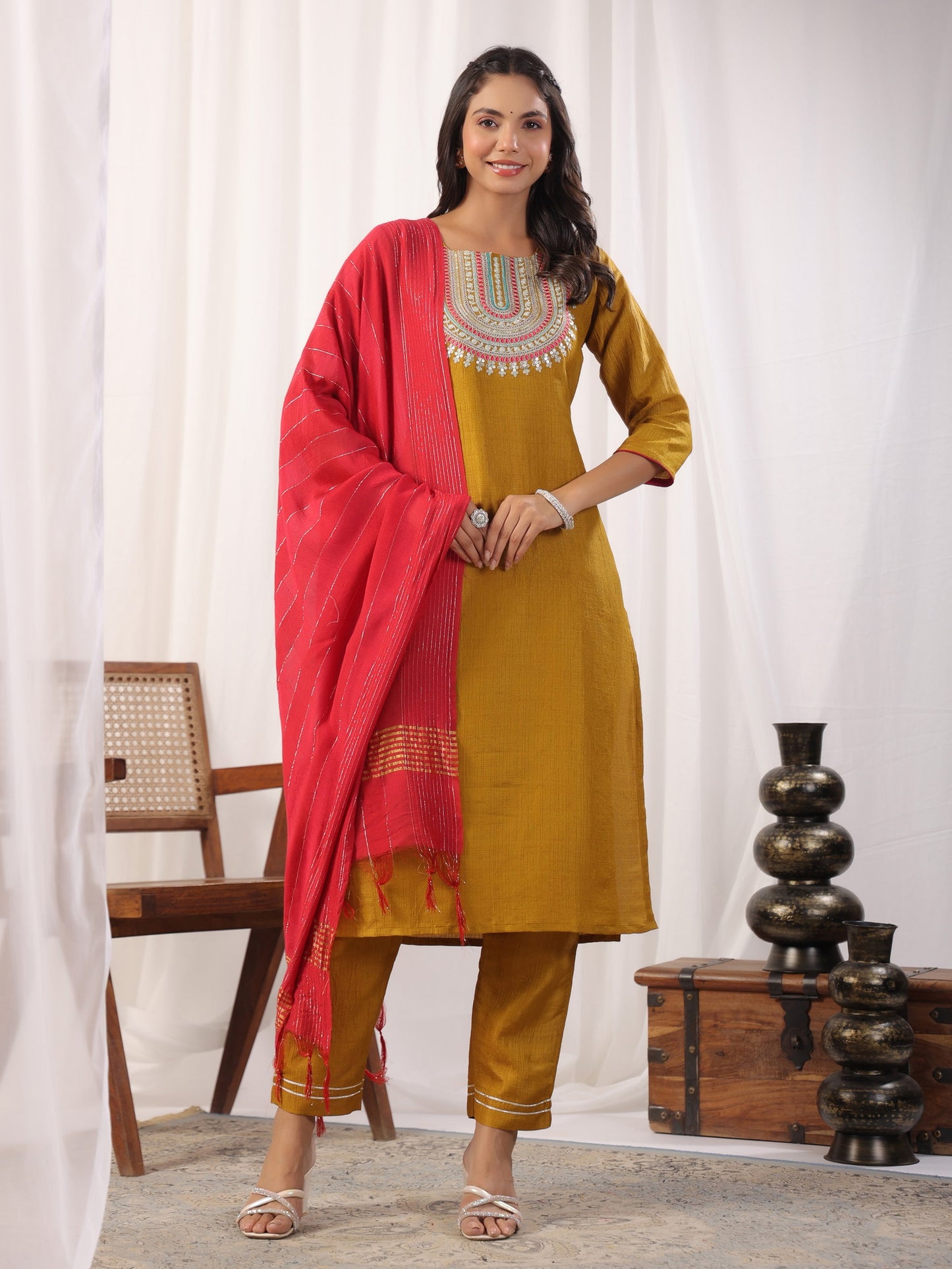 Solid Straight Round Neck Silk Kurta Pant Set With Dupatta