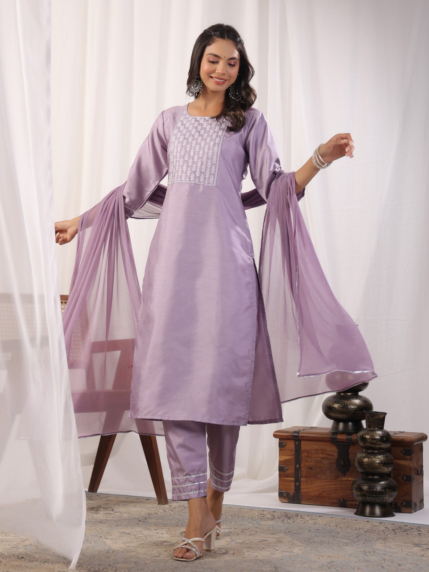 Embroidered Straight Kurta with Trousers & And Dupatta