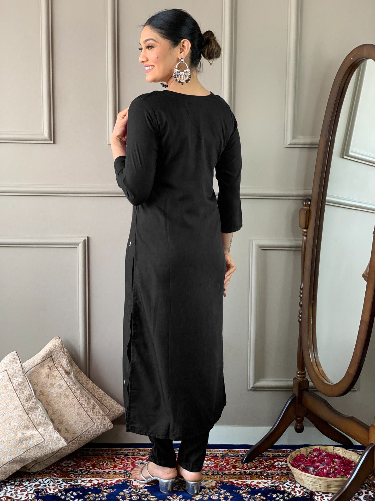 Designer Kurta set with Bottom Pant and Plain Dupatta in Black Color