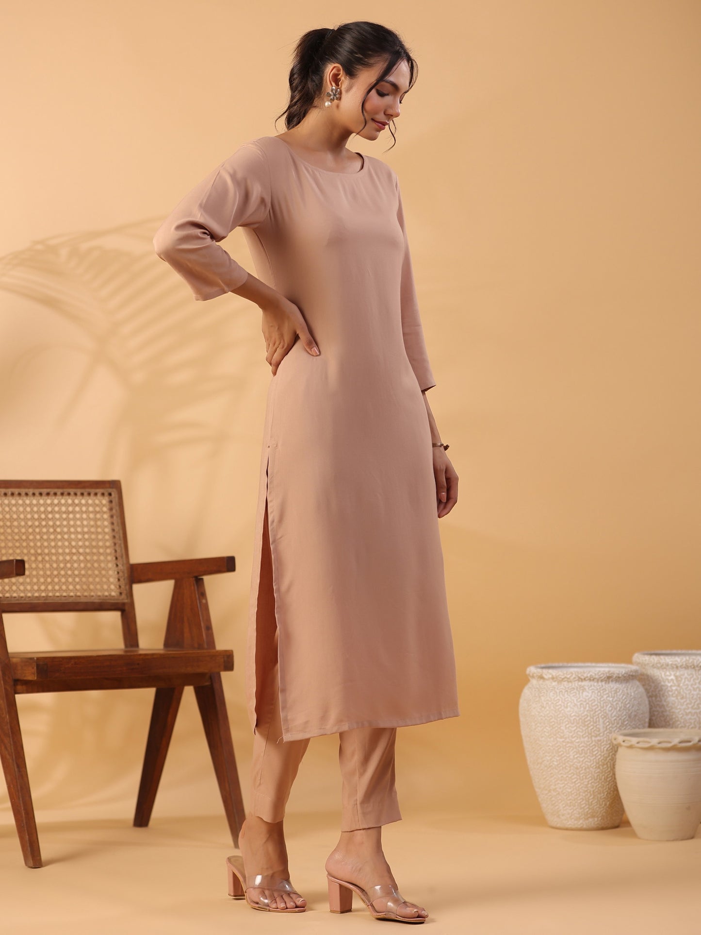 Peach Round Neck Straight Kurta With Trouser