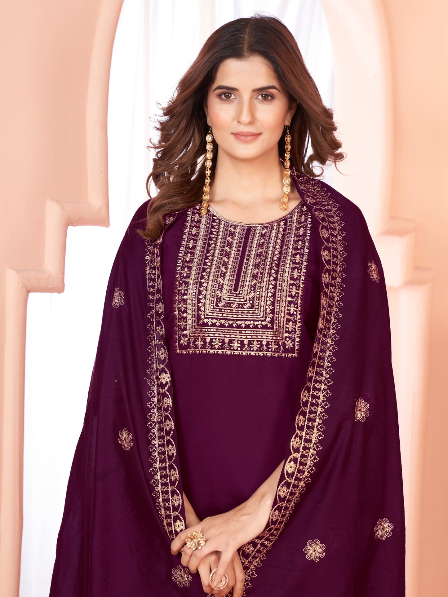 Wine Embroidered Kurta set With Bottom Wear and Dupatta