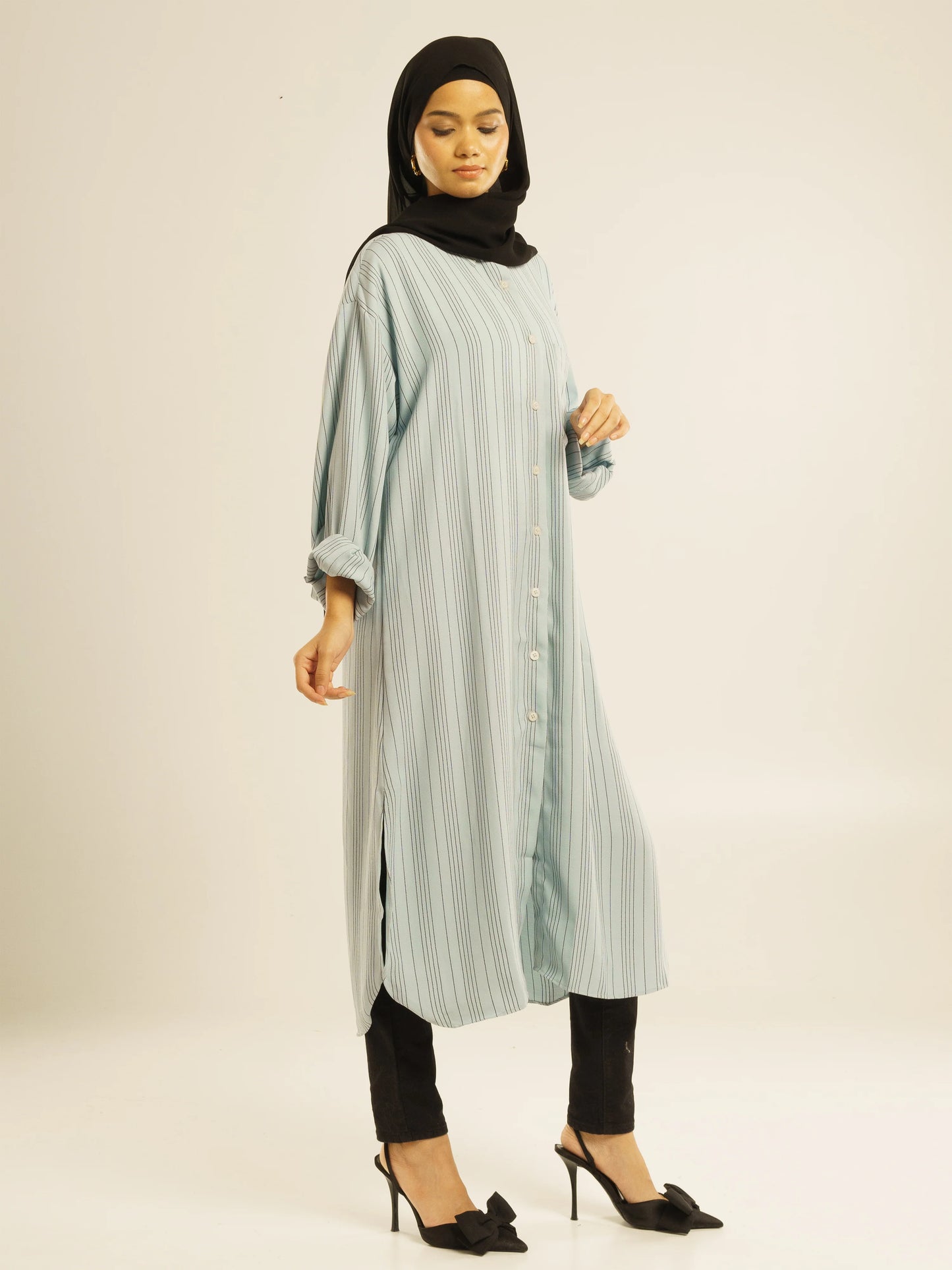 STRIPED LINEN SHIRT DRESS - LIGHT BLUE