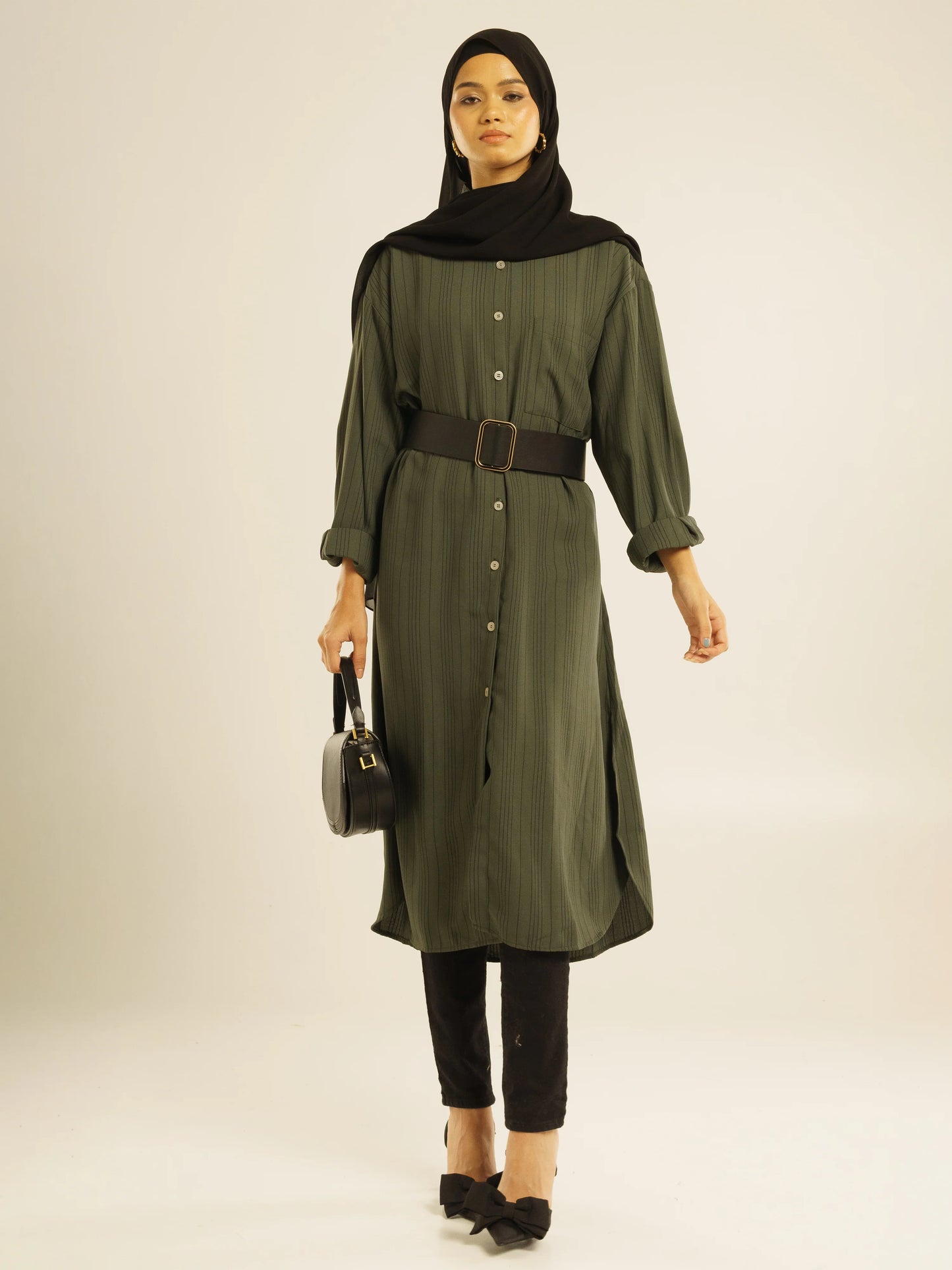 STRIPED LINEN SHIRT DRESS - DARK GREEN