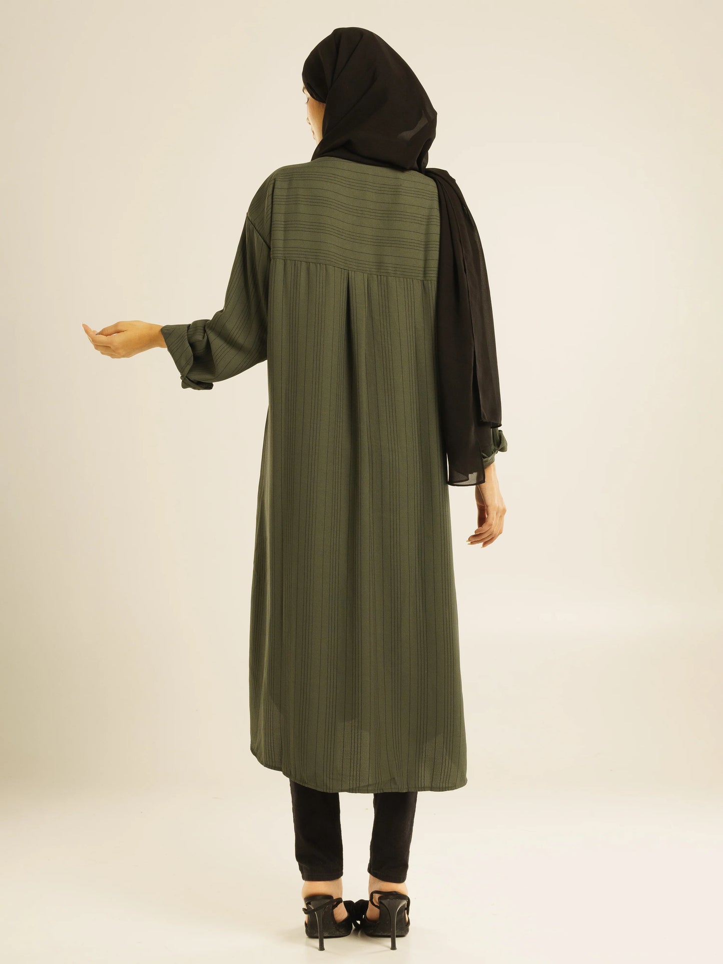 STRIPED LINEN SHIRT DRESS - DARK GREEN